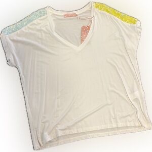 White V-Neck Top with Yellow and Blue Accents